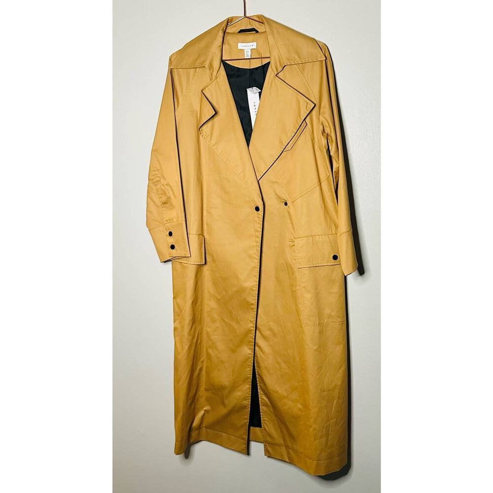 NWT Top Shop Tan Black Button Front Pockets Long Trench Coat Lightweight Size 2